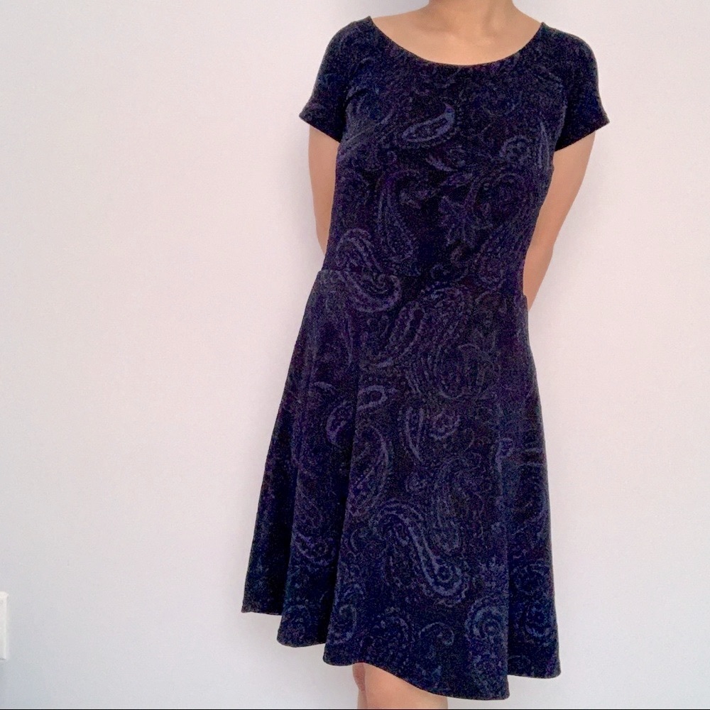 Paisley Babydoll A-line Short Sleeve Stretch Fit n' Flare Dress in Navy Blue (M)